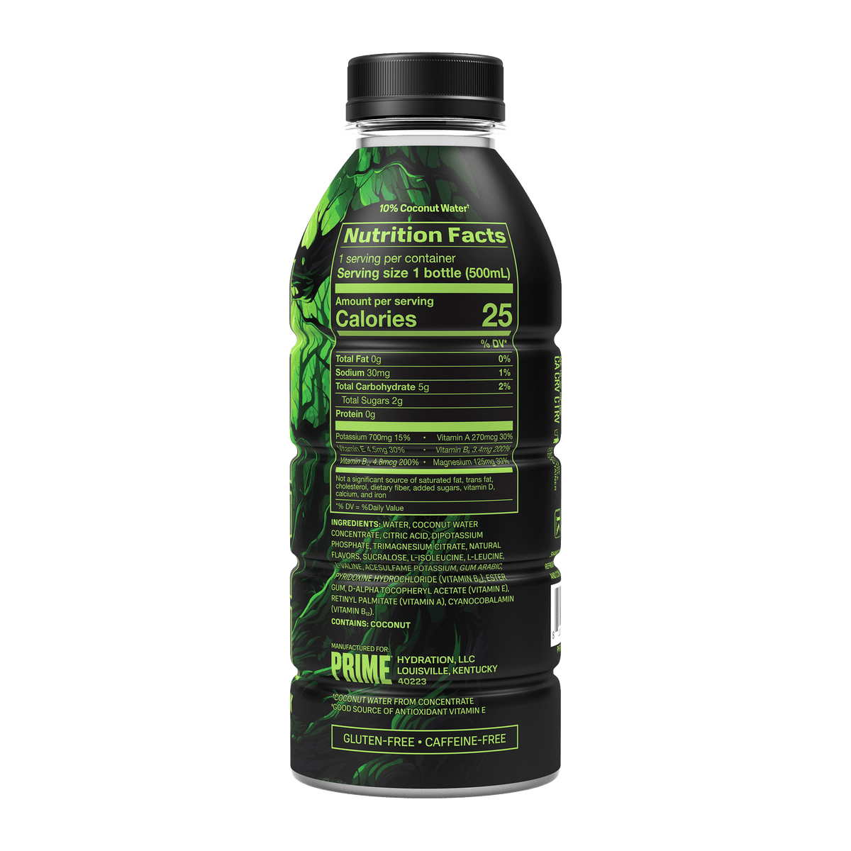 Back view of a PRIME Glowberry hydration drink bottle showing the nutrition facts and ingredient list. The label indicates that the drink contains 10% coconut water, 25 calories per 500mL serving, 0g fat, 30mg sodium, 5g total carbohydrates, 2g total sugars, and 0g protein. It also lists the amounts of potassium, vitamins A, E, B6, B12, and magnesium. Ingredients include water, coconut water concentrate, citric acid, and various vitamins and minerals. 